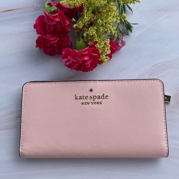 Kate Spade darcy large slim bifold wallet Chalk Pink Saffinao leather - Picture 2 of 5